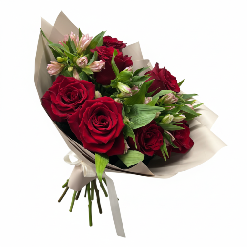 Букет «Праздник» из красных роз и розовых альстромерий Бородино Красноярский край