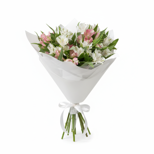 Букет «Нежность» из белых и розовых альстромерий Бородино Красноярский край