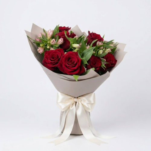 Букет из красных роз и розовых альстромерий Бородино Красноярский край