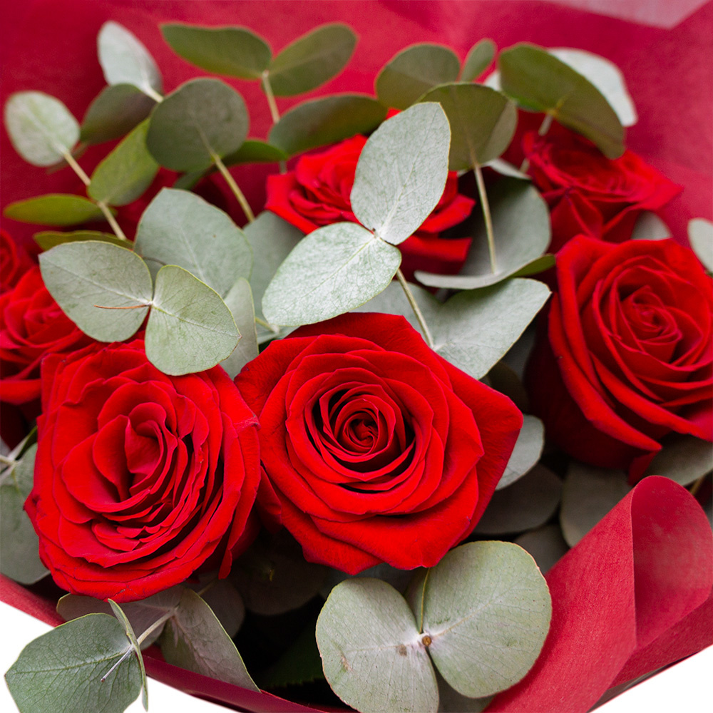 Букет из 9 красных роз с эвкалиптом в Бородино Красноярского края
