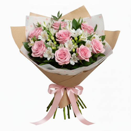 Букет «Очарование» из розовых роз и белых альстромерий Бородино Красноярский край